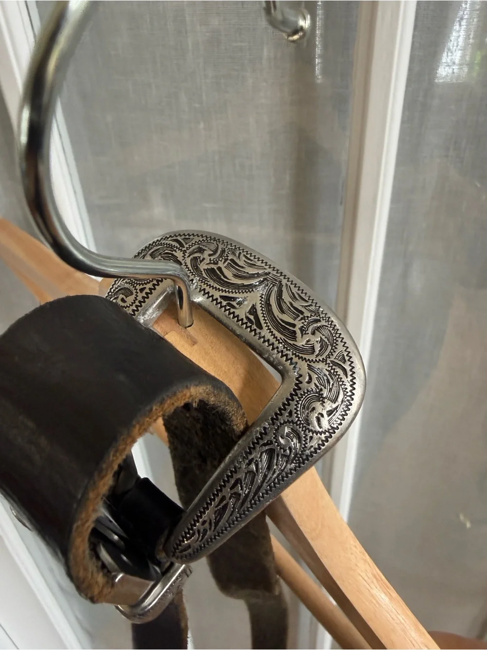 Urban Outfitters Black Leather Belt with Ornate Silver Buckle
